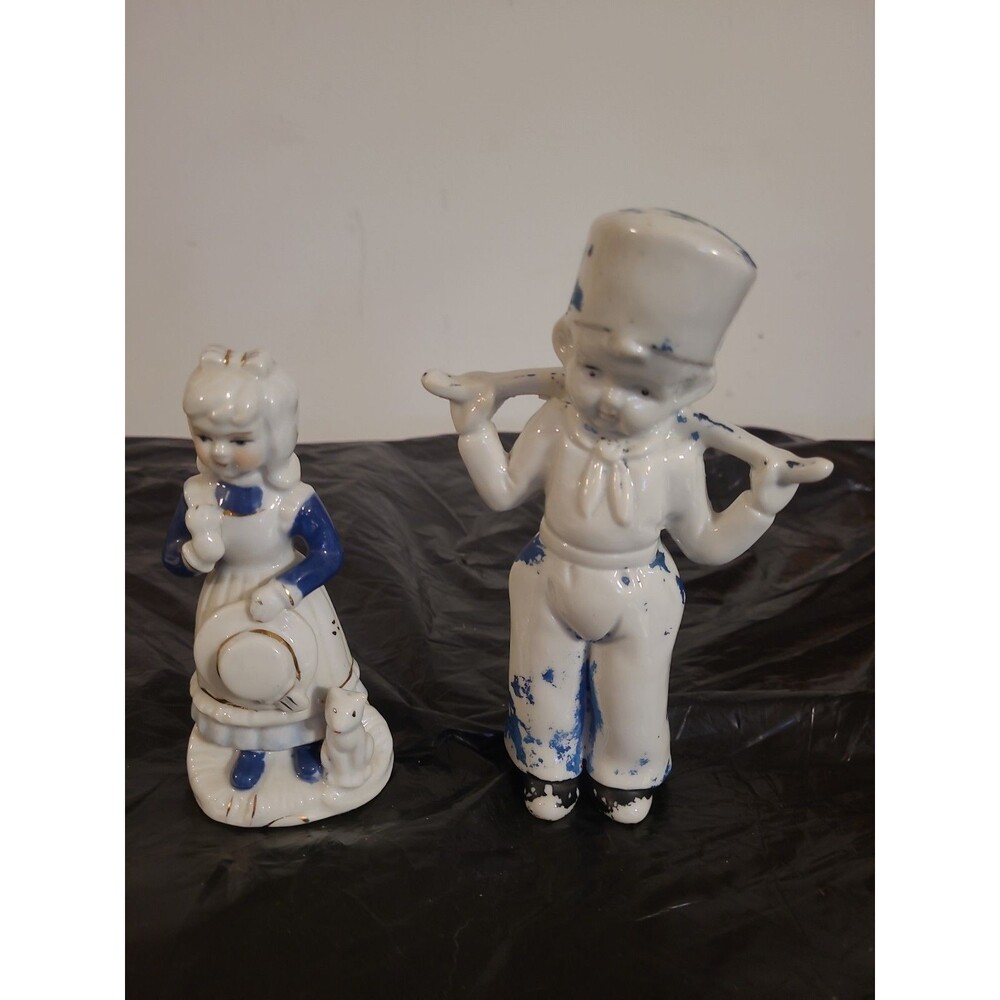 VTG DUTCH BOY CERAMIC 1930-50S JAPAN BLUE WHITE W/ 5" DUTCH GIRL W/CAT